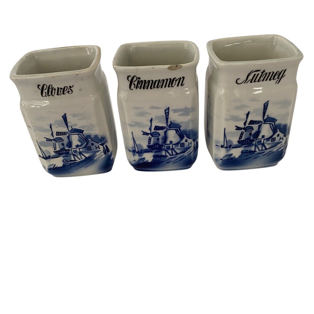 Vintage A.W. Germany Delft Style Blue White Ceramic Spice Jars Set of 3 Windmill